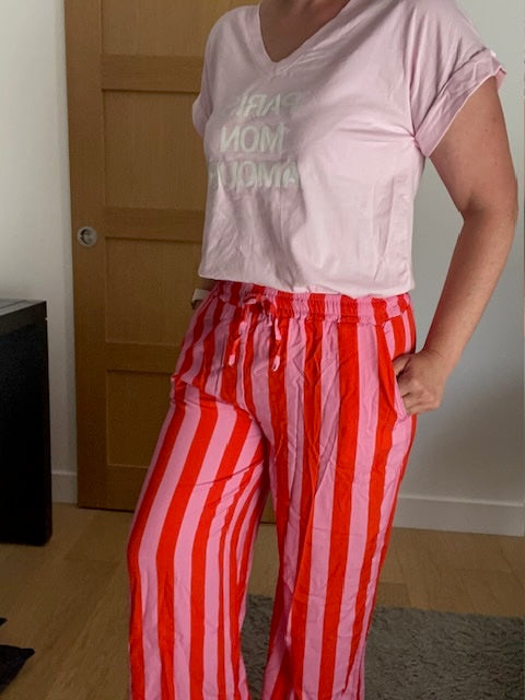 Pantalon Fluide Rayé Rouge/Rose