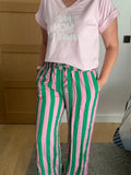 Pantalon Fluide Rayé Vert/Rose