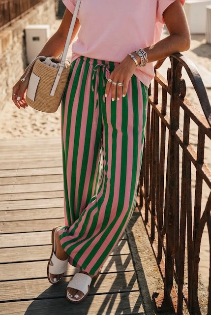 Pantalon Fluide Rayé Vert/Rose