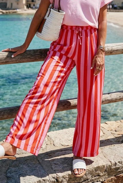 Pantalon Fluide Rayé Rouge/Rose